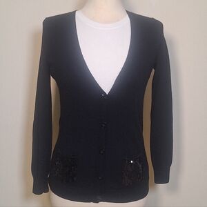J. Crew Y2K V-neck 100% Merino Wool Sequin Patch Pocket Cardigan Sweater Size S